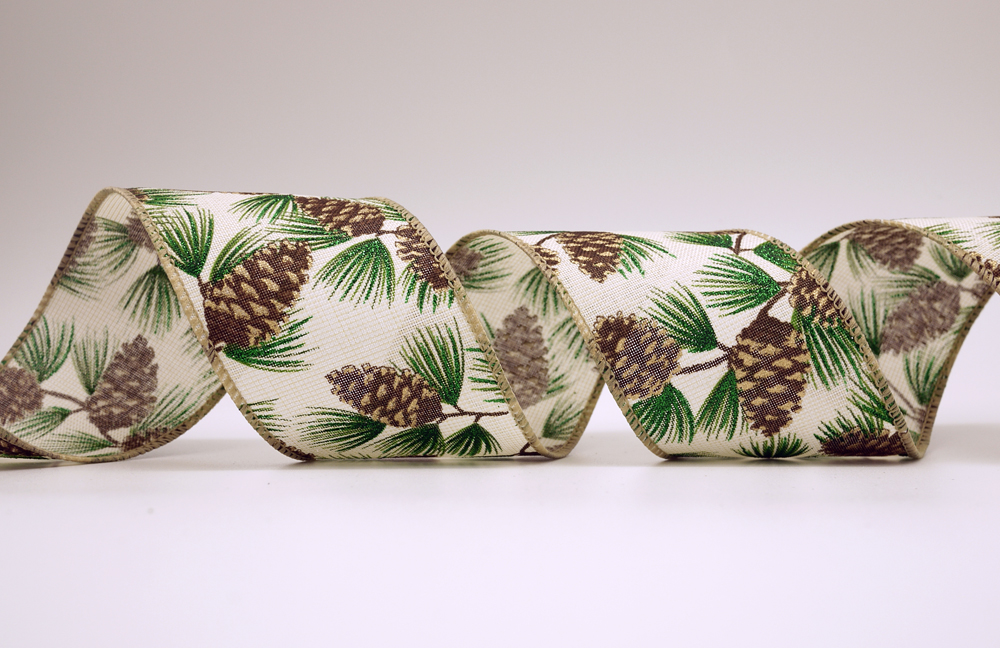 松ぼっくりデザインの麻風リボン