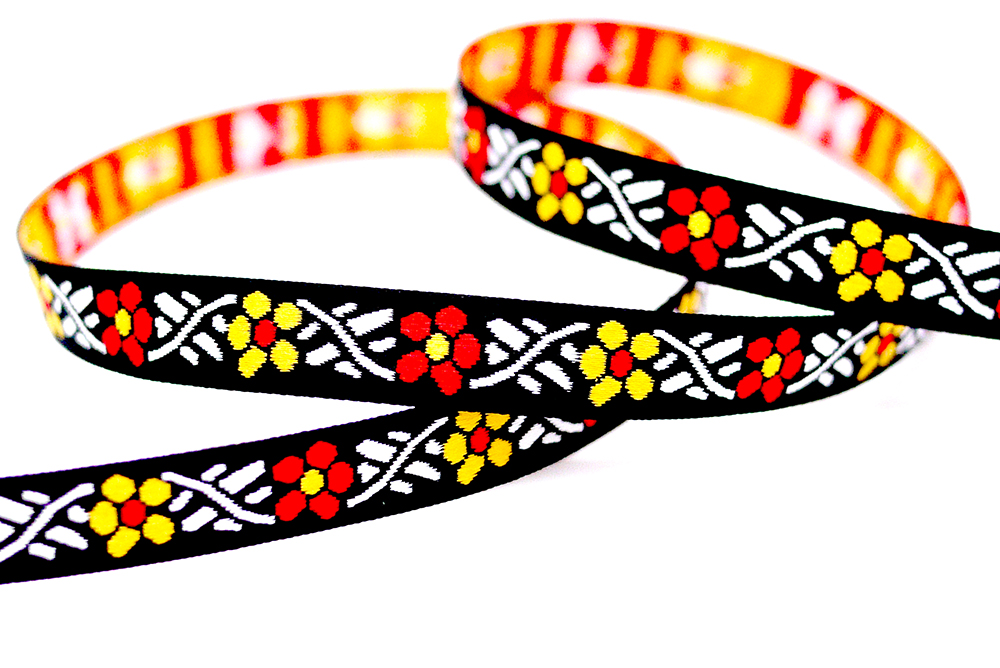 नारंगी/पीली फूलों वाला जैक्वार्ड रिबन