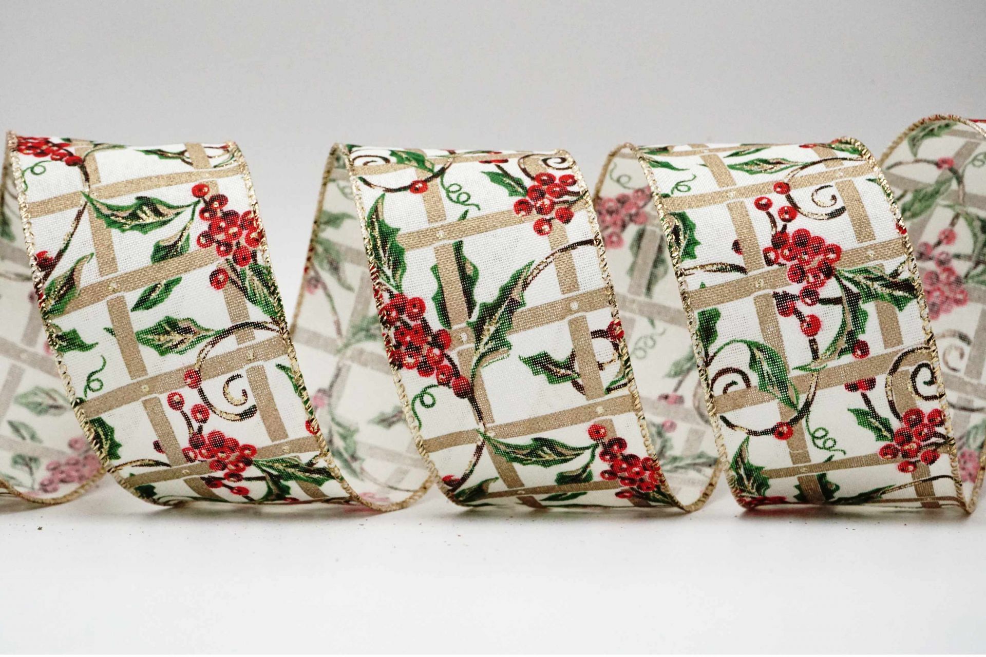 Berries on Grid Wired Ribbon - Faux Burlap Christmas Décor | KING YOUNG