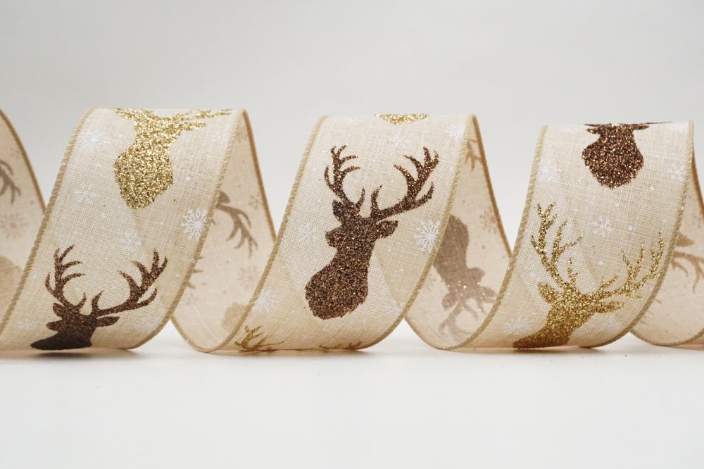 2.5” x 50YD Gold Deer/Snowflake/Tree Glitter Christmas Ribbon