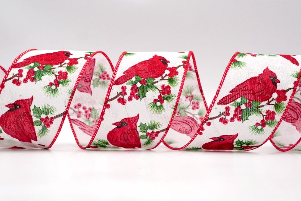 Cardinals with Leaves and Berries Wired Craft Christmas Ribbon 2.5 x 10  Yards