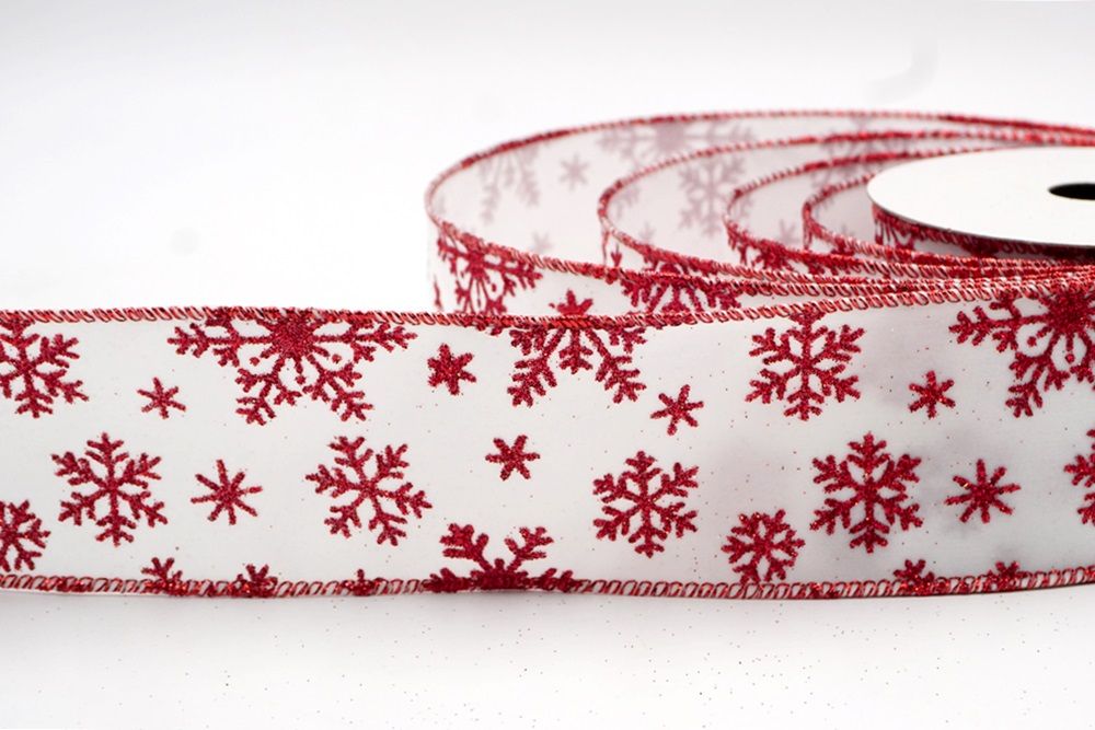 Wired Ribbon * Snowflakes and Snow on Metallic * Red, White, Silver * –  Personal Lee Yours
