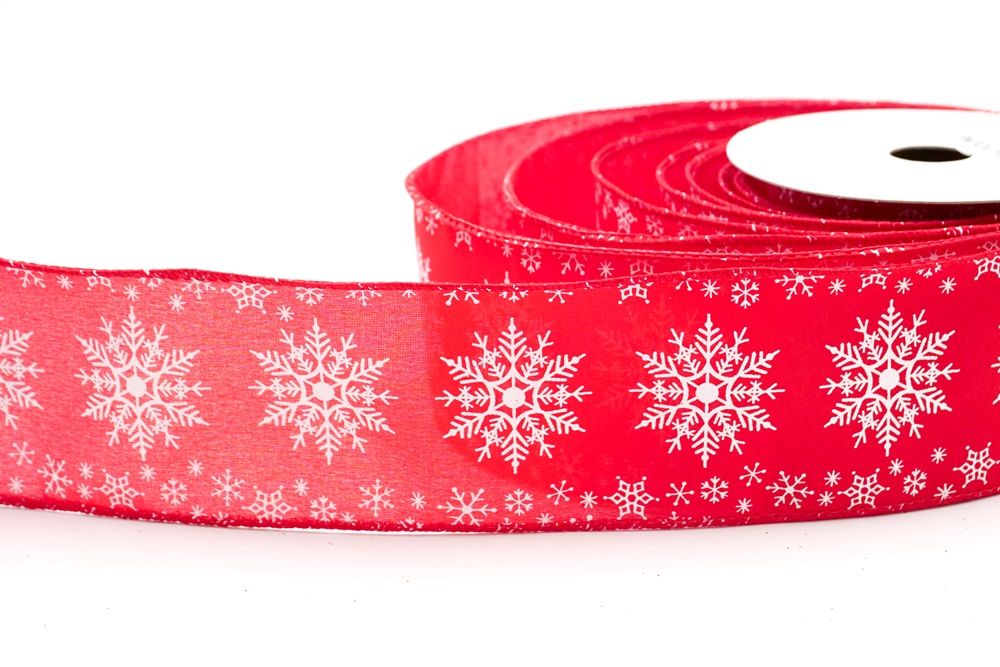 Wired Ribbon * Snowflakes and Snow on Metallic * Red, White, Silver * –  Personal Lee Yours