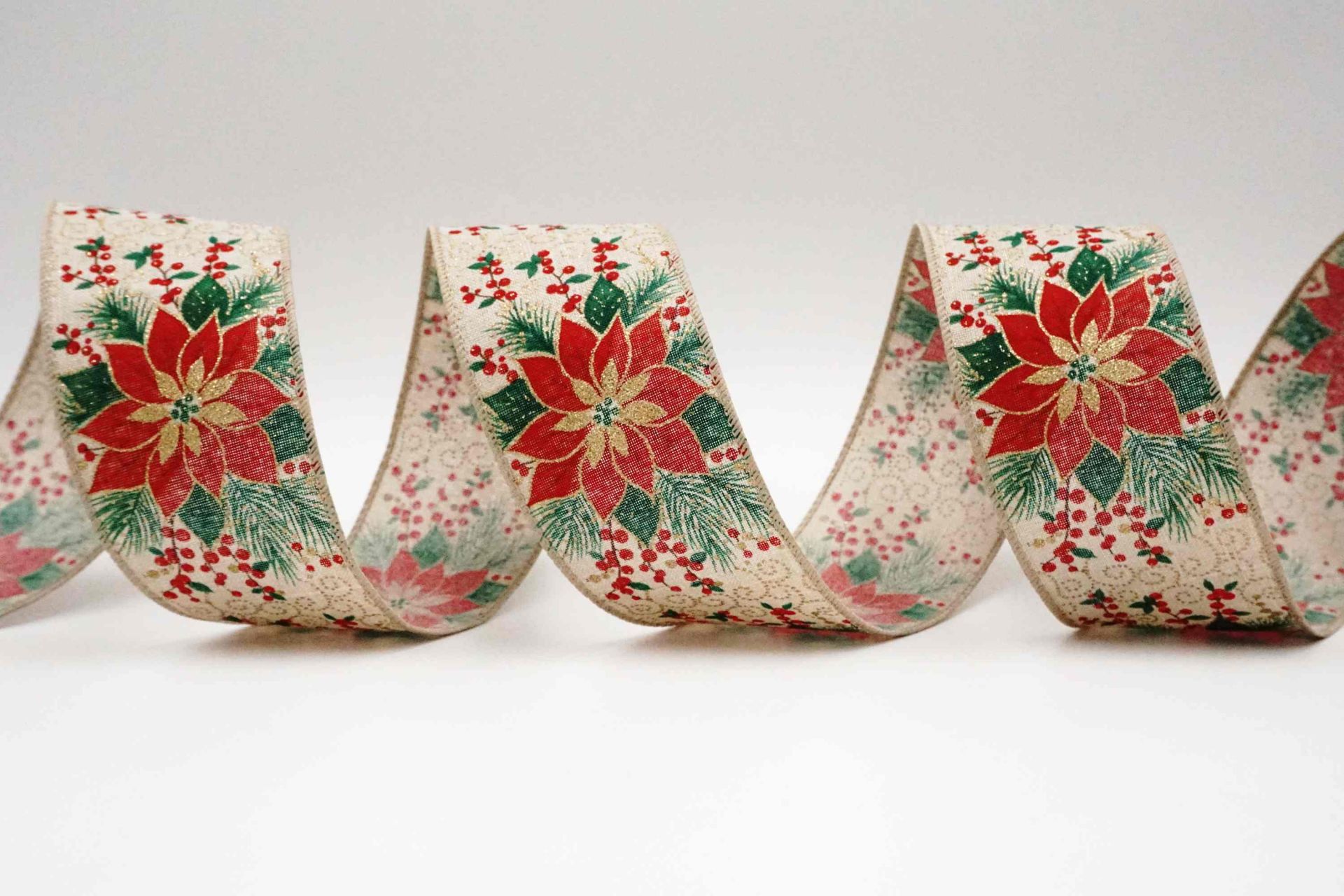 Poinsettia & Filigree Swirl Christmas Wired Ribbon | KING YOUNG