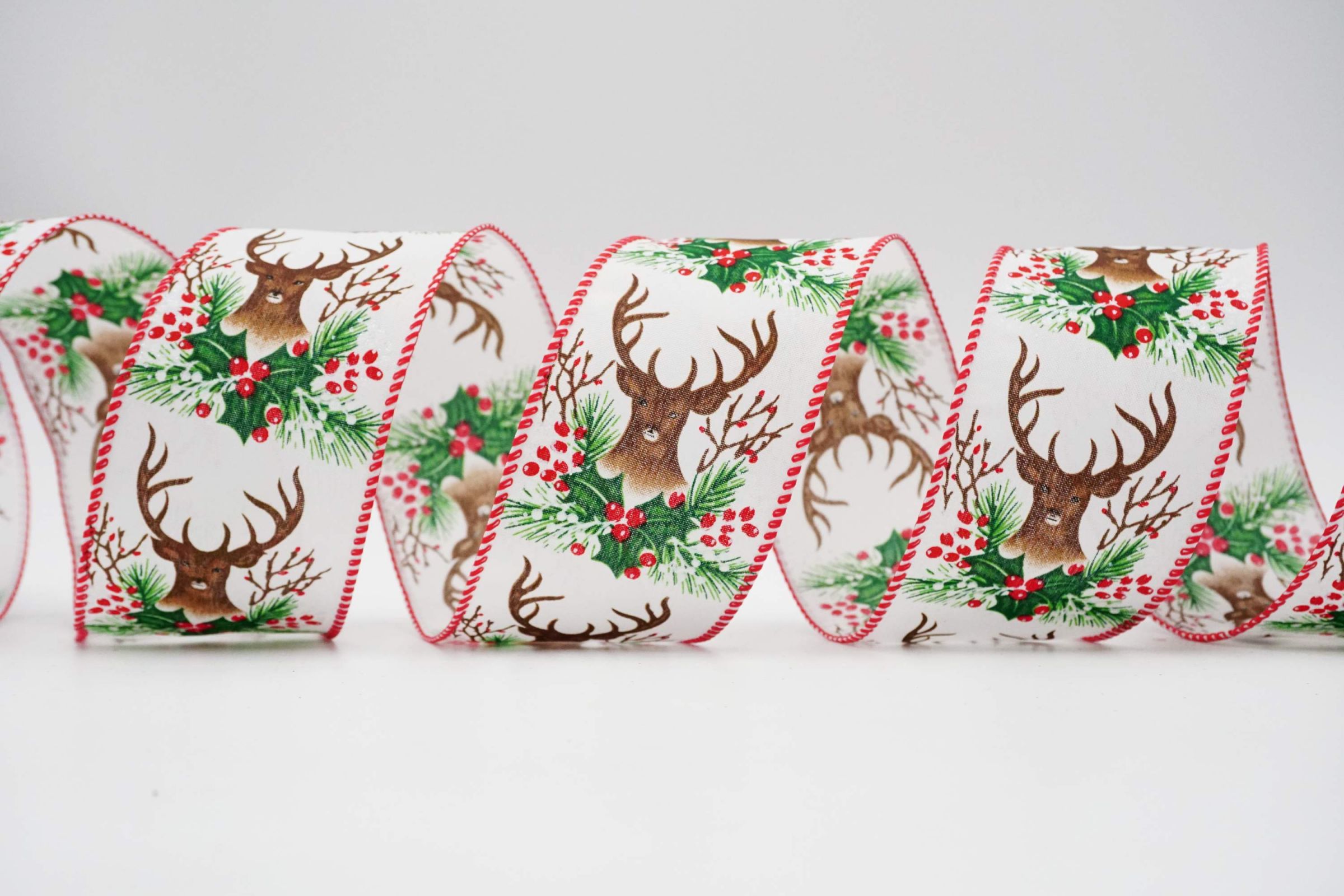 Reindeer & Holly Leaves Christmas Ribbon | KING YOUNG