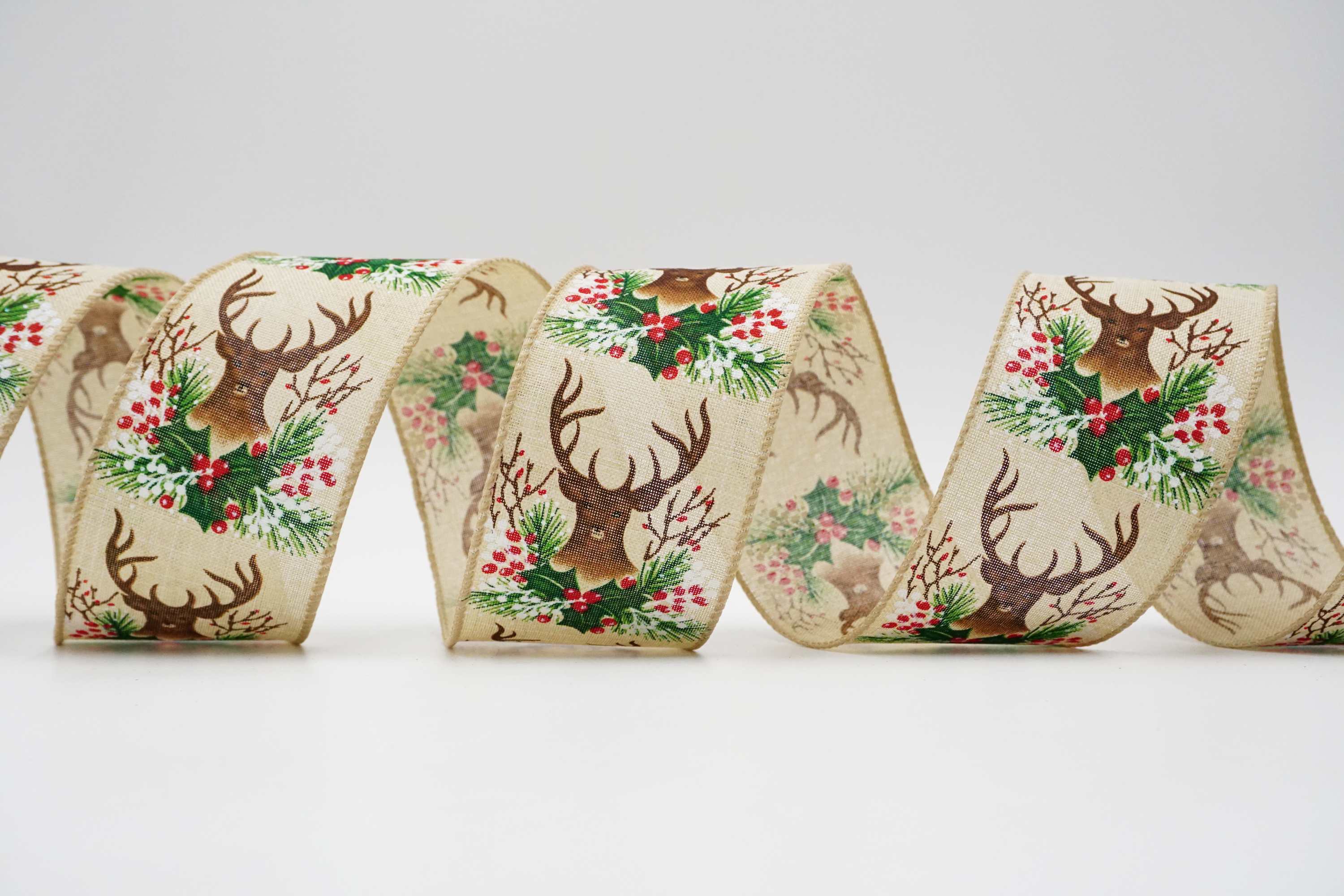Reindeer & Holly Leaves Christmas Ribbon | KING YOUNG
