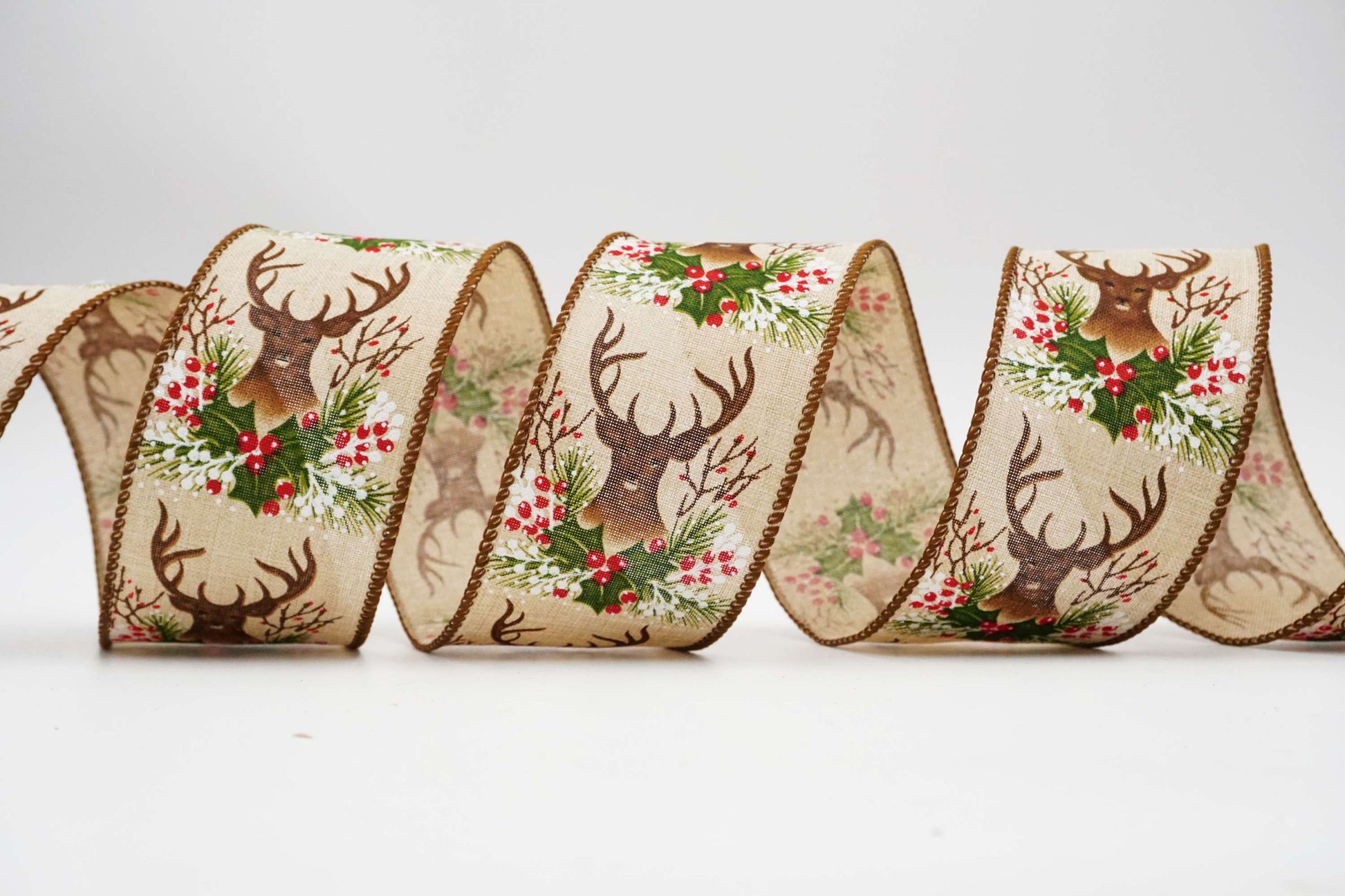 Reindeer & Holly Leaves Christmas Ribbon | KING YOUNG