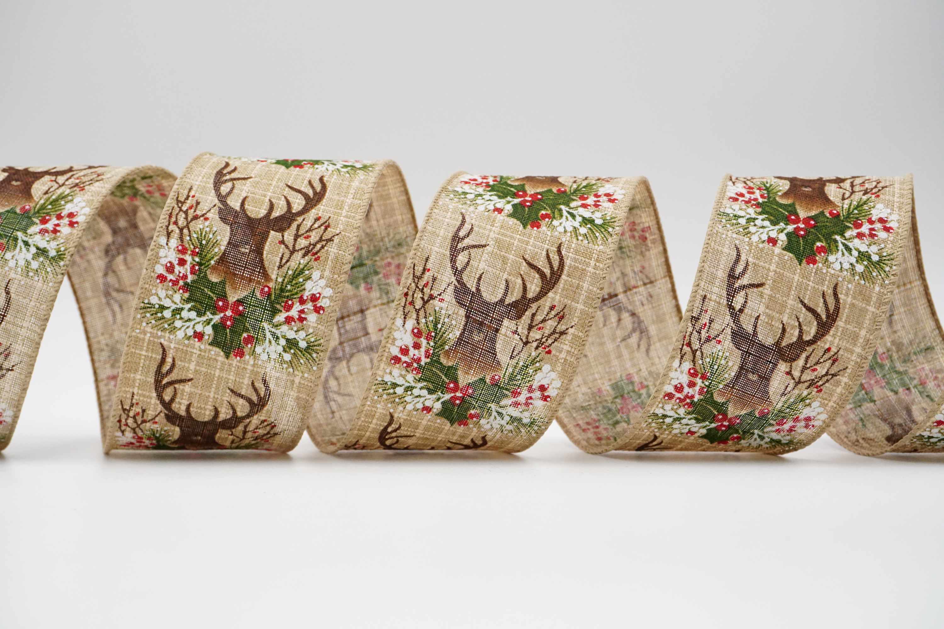 Reindeer & Holly Leaves Christmas Ribbon | KING YOUNG
