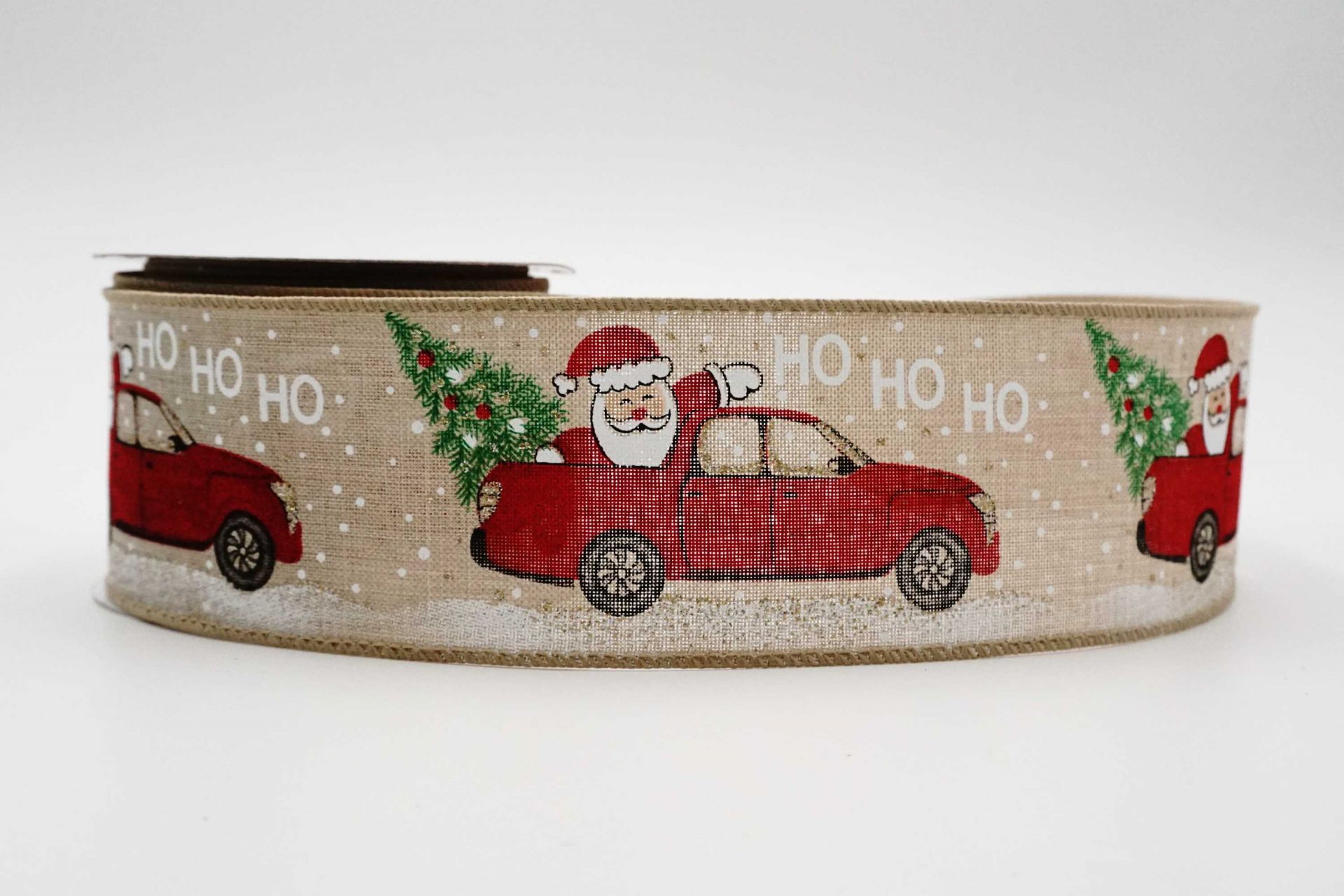 Santa in Car Christmas Ribbon - Wired Faux Burlap | KING YOUNG
