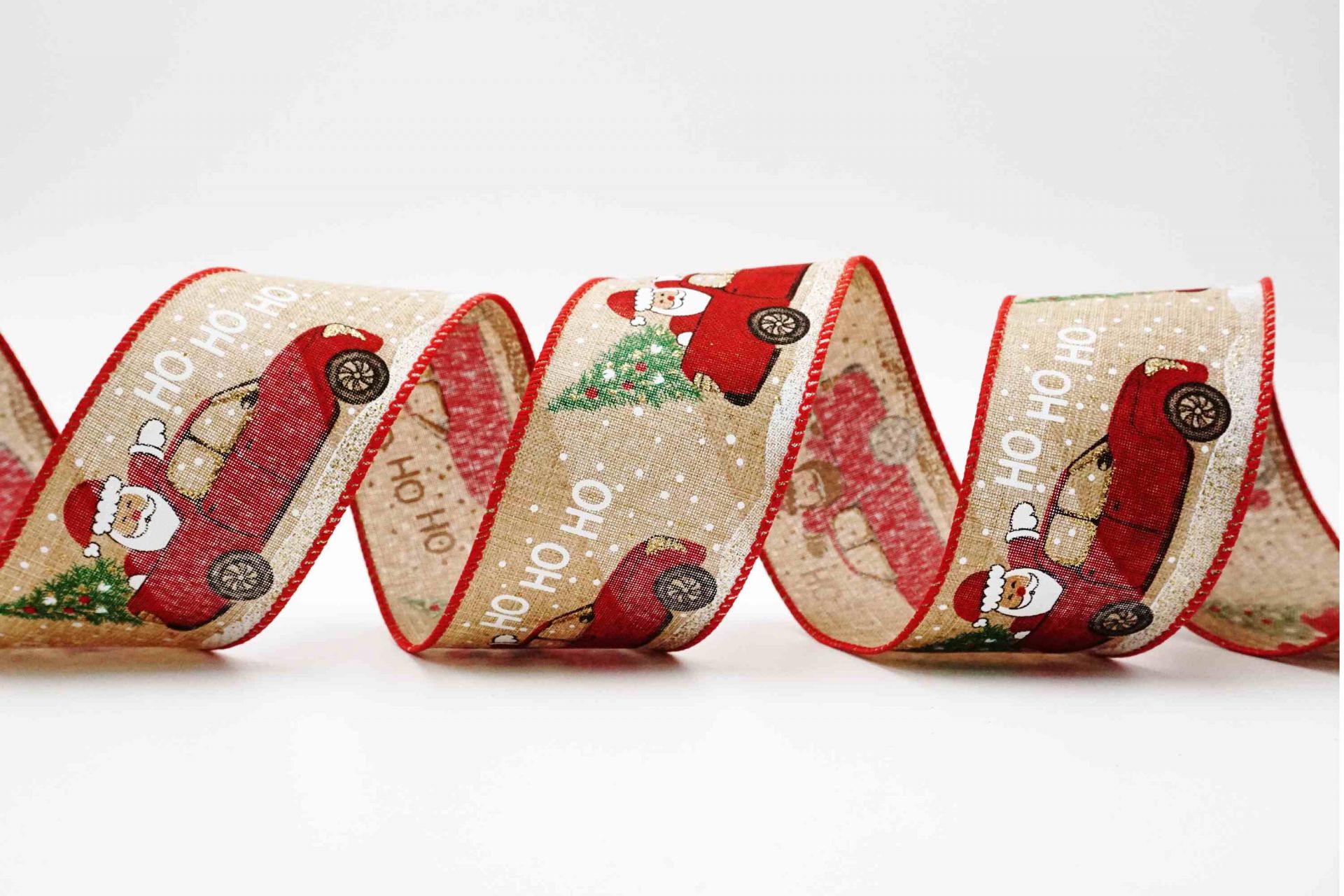 Santa in Car Christmas Ribbon - Wired Faux Burlap | KING YOUNG