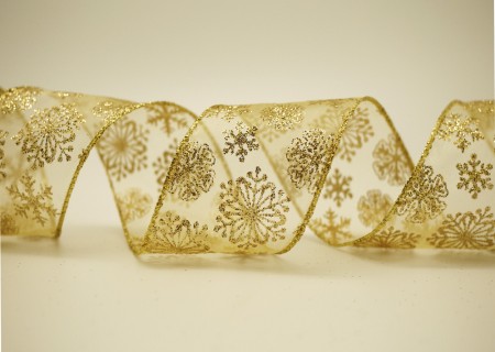 Wstążka z organzy z brokatowymi płatkami śniegu - Wstążka z organzy z brokatowymi płatkami śniegu