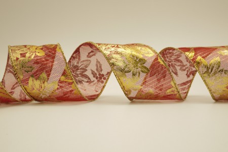 Metaliczna wstążka organzowa z motywem poinsecji - Metaliczna wstążka organzowa z motywem poinsecji