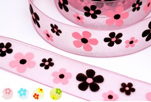 Big Puffed Flowers Print Sheer Ribbon - Big Puffed Flowers Print Sheer Ribbon
