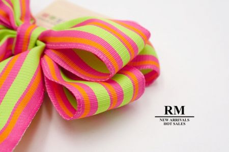 Lazo de cinta de grosgrain de rayas tricolores rosa, naranja y verde con 6 bucles_BW636-K1204-6