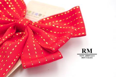 Red -Grosgrain and Metallic Saddle Stitch 6 Loops Ribbon Bow_BW636-K1333-2