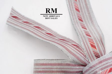 Metallic Silver Red Diagonal Stripe 5 Loops 2 short tail Ribbon Bow_BW637-K1414S-1