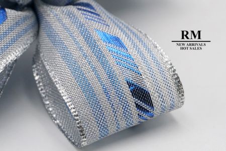 Ленточный бант с 5 петлями и короткими хвостиками Metallic Silver Blue Diagonal Stripe (BW637-K1414S-2)