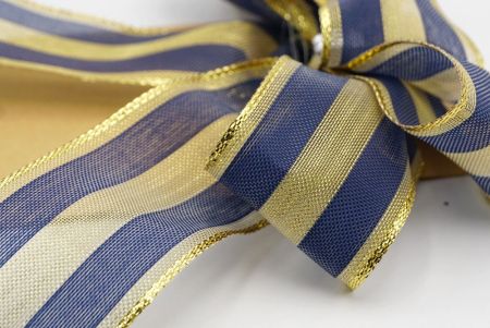 Yellow and Blue Metallic Stripes 5 Loops 2 short tail Ribbon Bow_BW637-W221-6