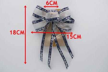 Ruban nœud métallique argenté et bleu marine à 5 boucles avec 2 queues courtes_BW637-W287-6