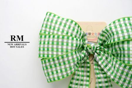 White and Green Checkered 6 Loops with Knot Ribbon Bow_BW638-PF112W-1
