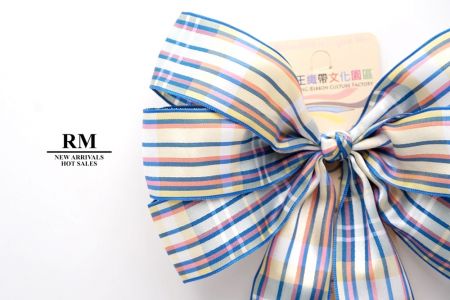 Dark Blue and Ivory Plaid 6 Loops with Knot Ribbon Bow_BW638-PF134W-3