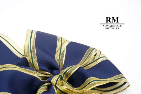 Navy Blue Grosgrain and Metallic Edge 6 Loops with Knot Ribbon Bow_BW638-W259-6