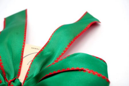 Lazo de cinta a rayas verde y rojo con borde de puntada con 6 bucles y nudo_BW638-W743-10-A
