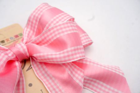 Lt Pink Satin and Checkered Edge Double 2 Loops Ribbon Bow_BW639-PF105-6