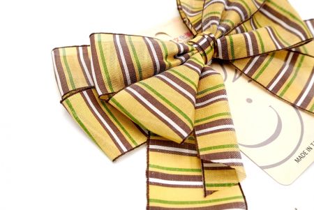 Yellow and Brown Stripe Double 2 Loops Ribbon Bow_BW639-PF154-6