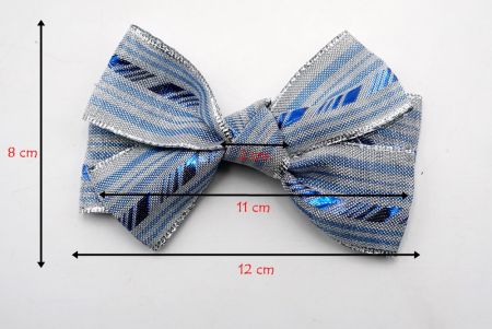 Metallic Silver and Blue Diagonal Stripe 6 Loops Hair Ribbon Bow_BW640-K1414S-2