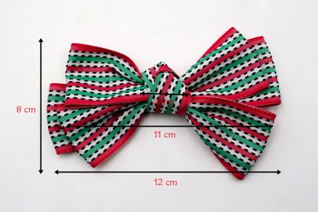 Red, Green and White Stripe 6 Loops Hair Ribbon Bow_BW640-K1424-4
