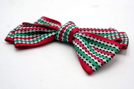 Red, Green and White Stripe 6 Loops Hair Ribbon Bow_BW640-K1424-4