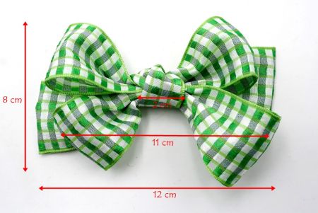 Green and White Checkered 6 Loops Hair Ribbon Bow_BW640-PF110W-1