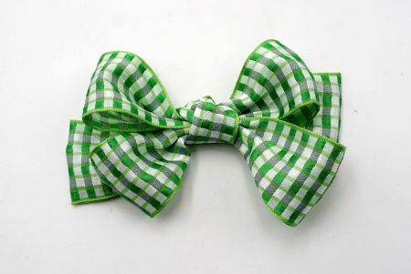 Green and White Checkered 6 Loops Hair Ribbon Bow_BW640-PF110W-1