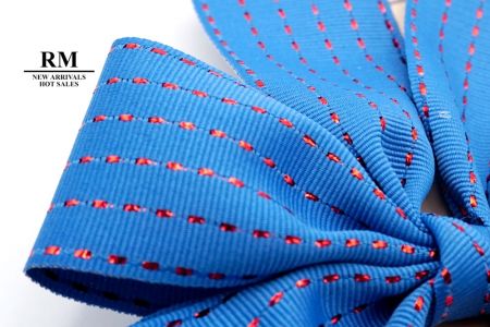 Blue Grosgrain Glitter Lines 4 Average Loops with Knot Ribbon Bow_ BW641-K1333R-8