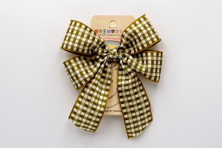 Green Brown Checkered 4 Average Loops with Knot Ribbon Bow_BW641-PF112-11