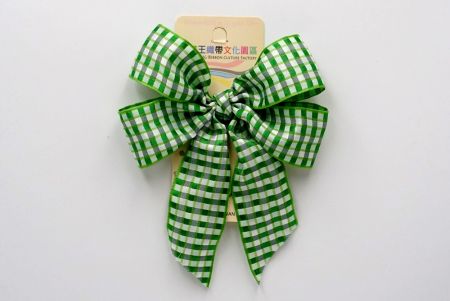 Green & White Checkered 4 Average Loops with Knot Ribbon Bow_BW641-PF112W-1