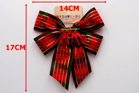 Metallic Red & Green Checkered 4 Average Loops with Knot Ribbon Bow_BW641-PF161-2