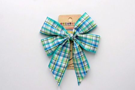 Blue & Light Green Checkered 4 Average Loops with Knot Ribbon Bow_BW641-PF257-3