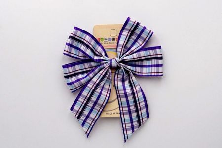Violet & Light Blue Checkered 4 Average Loops with Knot Ribbon Bow_BW641-PF257-4