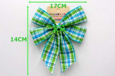 Light Green & Blue Checkered 4 Average Loops with Knot Ribbon Bow_BW641-PF257-5