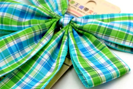 Light Green & Blue Checkered 4 Average Loops with Knot Ribbon Bow_BW641-PF257-5