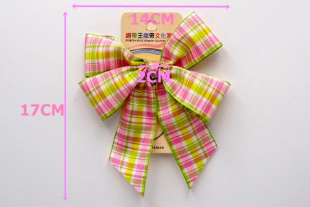 Pink & Light Green Checkered 4 Average Loops with Knot Ribbon Bow_BW641-PF257-7