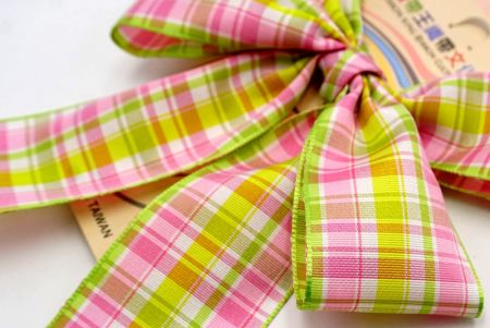 Pink & Light Green Checkered 4 Average Loops with Knot Ribbon Bow_BW641-PF257-7