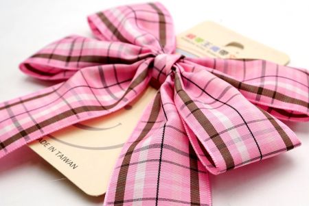 Pink & Browny Checkered 4 Average Loops with Knot Ribbon Bow_BW641-PF259-1