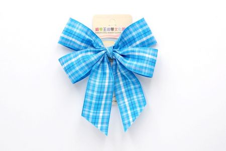 Light Blue Checkered 4 Average Loops with Knot Ribbon Bow_BW641-PF259-4