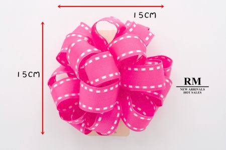 Lazo de cinta de pom pom de 11 bucles de grosgrain rosa y blanco_BW643-K1284W-7