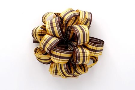 Fiocco di nastro Pom Pom a 11 anelli in tartan giallo e marrone_BW643-PF193W-4