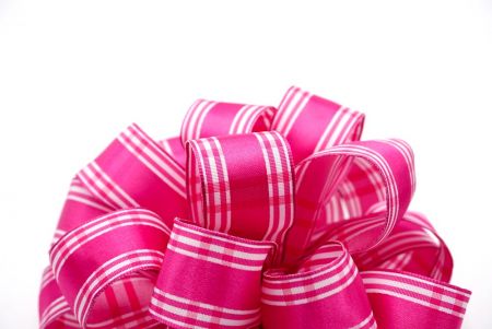 Fiocco di nastro Pom Pom a 11 anelli in raso rosa caldo con bordo a tartan_BW643-PF196W-7