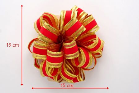 Fiocco di nastro con pom pom a 11 anelli in gros grain rosso e bordo in tessuto trasparente metallico_BW643-W144-10